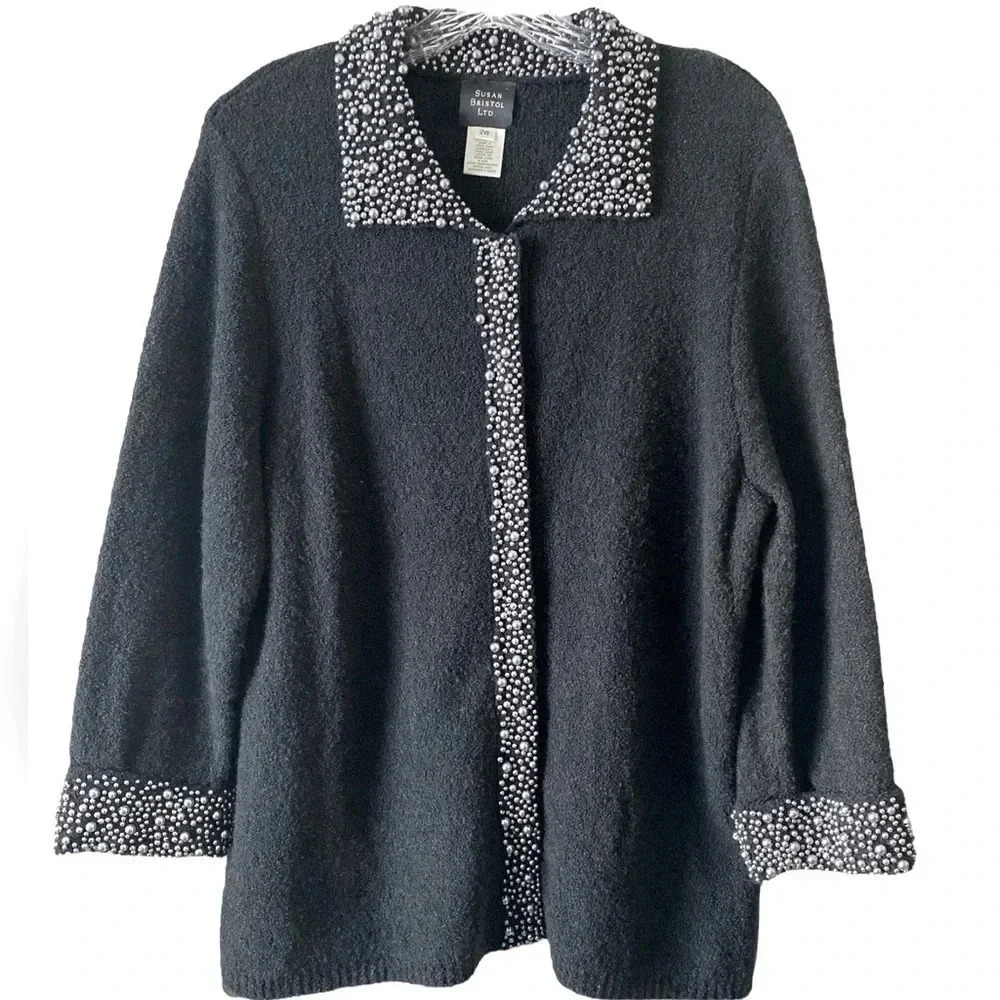 SUSAN BRISTOL Merino Wool Charcoal Grey Pearl Embellished Evening Jacket Size 2W